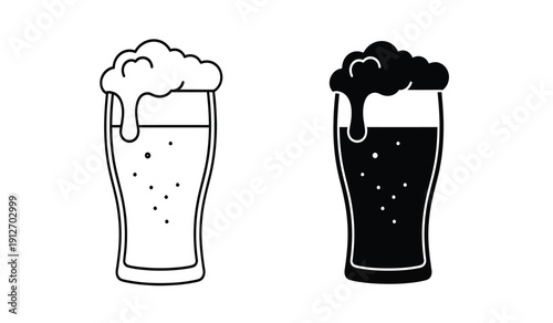 Two glasses of beer one light and one dark with foam on top in a simple line drawing style