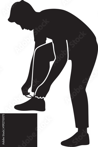 Person with one foot up tying shoelaces silhouette isolated on white background minimalist athlete preparation and footwear illustration