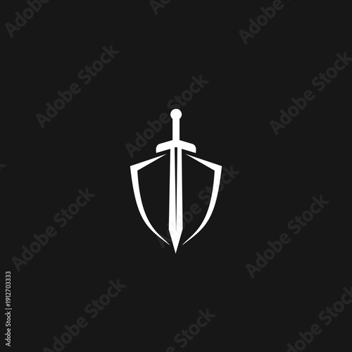 Minimalist Sword and Shield Emblem Graphic Design on Black Background for Protection and Valor