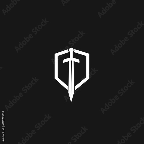 Minimalist White Sword and Shield Logo Design on Black Background