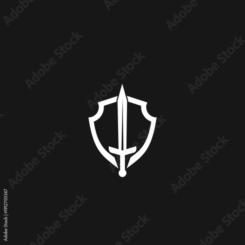 Minimalist White Shield and Sword Logo Icon Design on Black Background