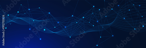 Futuristic high tech plexus and wave flow on dark blue background. Modern big data visualization. Design for communication, network connection, science and technology. Vector