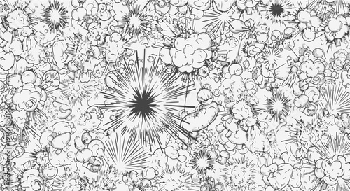 dynamic graphic pattern of comic book explosion bursts and smoke clouds in monochrome ideal for energy science or impactful visual design backgrounds.