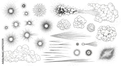 dynamic hand-drawn explosion smoke speed line effects for comic art animation graphic design. illustrating energy impact and movement.