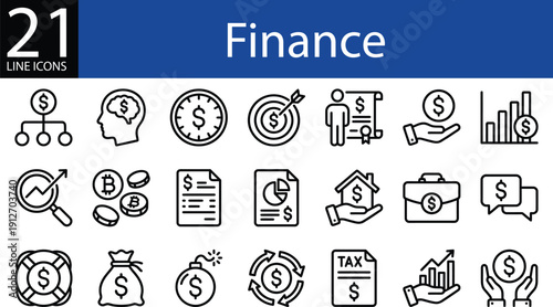 Finance line icon set in outline style, money management, investment growth, cryptocurrency, tax filing, and financial security