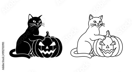 Halloween cats with pumpkins illustration, spooky season artwork, black and white Vector