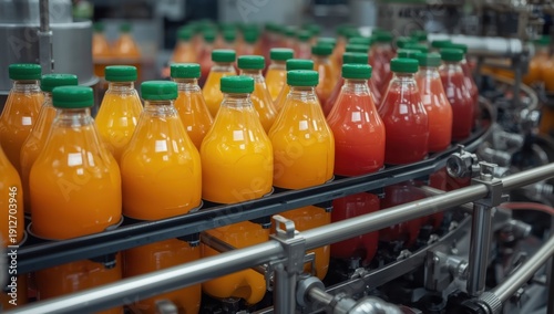 Factory bottling fruit juice in glass containers for the food sector