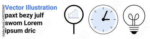 Business strategy, analytics, innovation, time management, data analysis, problem-solving. Graph under magnifier, clock light bulb. Business strategy and innovation concepts visually