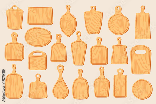 Flat vector set of wooden cutting board in various shape on warm cream background. Kitchen utensil collection for cooking, recipe design, menu decoration and food branding.