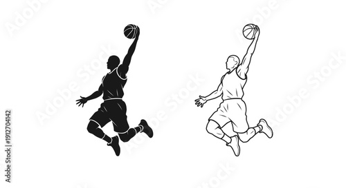 Basketball players dunking and jumping with basketballs in action silhouette Vector