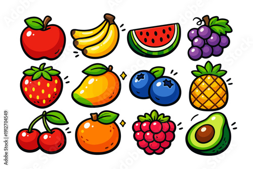 Colorful cartoon fruits: apple, banana, watermelon, grapes, strawberry, mango, blueberry, pineapple, cherry, orange, raspberry, avocado.
