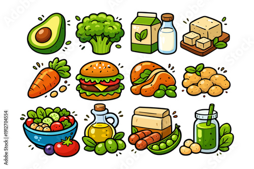 Colorful array of healthy vegetarian foods including avocado, vegetables, and smoothie variety.