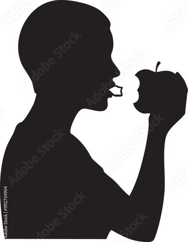 Profile of a person holding and biting into an apple silhouette isolated on white background minimalist healthy eating and nutrition illustration