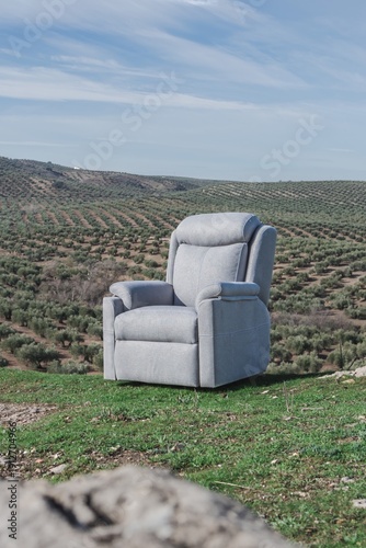 Grey recliner armchair isolated in green olive field landscape