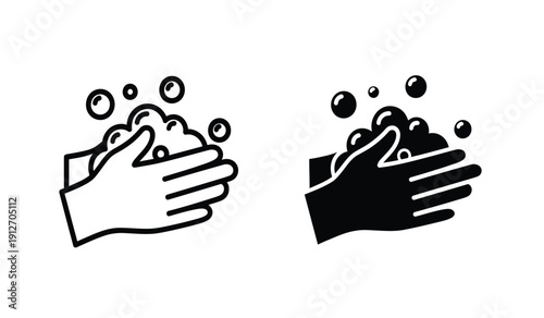 Black and white hand washing icons with soap bubbles on pure