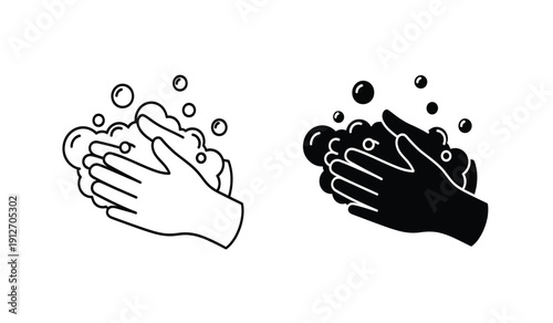 Black and white hand washing icon set with soap bubbles