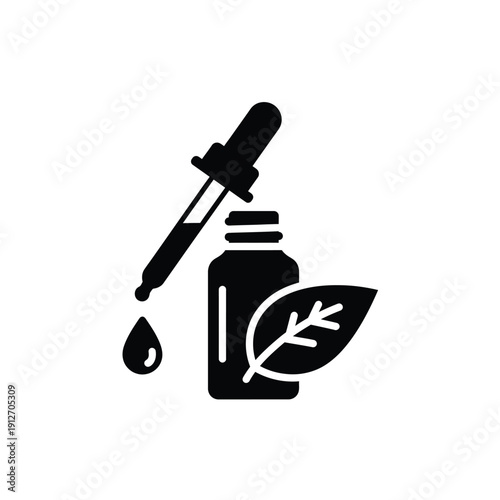 Black silhouette of pipette bottle with leaf  natural herbal remedy