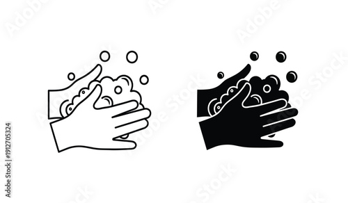 Black and white line art illustration of two hands washing with soap bubbles