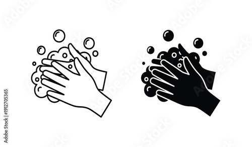 Vector illustration of hands washing with soap bubbles in black and white