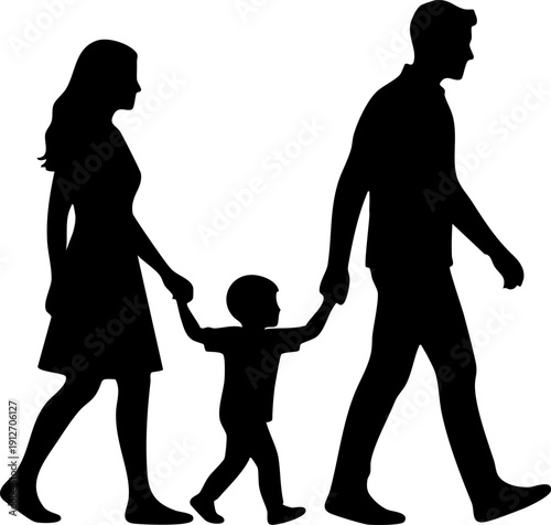 Two adults holding a child's hand family walk silhouette isolated on white background minimalist parenthood and togetherness illustration