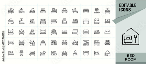 Bed Room icon set. Room line icon set. Thin linear style icons. Pack of couch, house, decor, room, furniture, home and more. Pixel perfect. Editable vector.