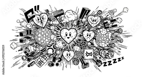 emotional chaos explosion dynamic manga illustration featuring diverse hearts and symbols bursting ideal for mental health awareness.