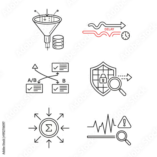 essential line art icons for business analytics data processing ab testing cybersecurity and digital workflow management.