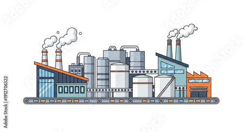Industrial factory complex with smoking chimneys and storage tanks.