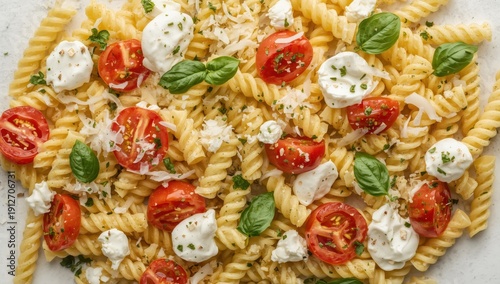 Wallpaper Mural Fusilli caprese salad with tomato, mozzarella, and basil. Overhead view, empty space Torontodigital.ca