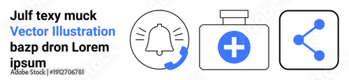 Communication, healthcare, technology, alerts, medical assistance, connectivity. Black and blue icon set a notification bell, medical box and data sharing symbol. Communication and healthcare