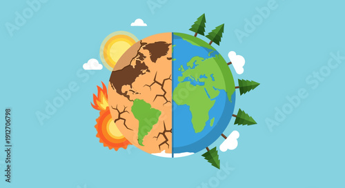 Illustration of Earth showing contrasting effects of climate change on environment from different viewpoints