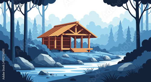 Serene cabin nestled among trees beside a tranquil forest stream viewed from a distance in a peaceful landscape