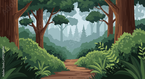 A serene forest landscape with a winding path and lush greenery viewed from a gentle hill