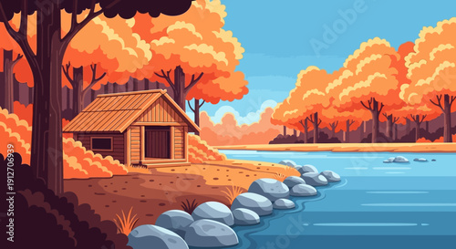Serene lakeside cabin surrounded by vibrant autumn foliage viewed from a gentle slope