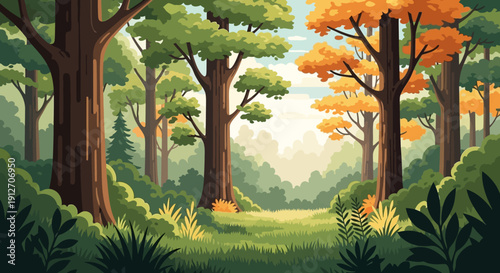 Vibrant forest scene with lush trees and foliage viewed from a serene clearing