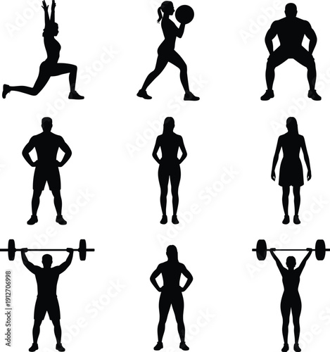 Fitness silhouette workout collection, gym exercise poses set, male and female athlete vector figures, strength training, flat illustration