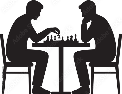 Two people sitting at a table playing chess silhouette isolated on white background minimalist strategy game and intellectual competition illustration