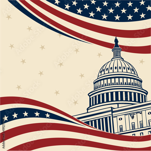 Vintage Capitol Building with American Flags.

