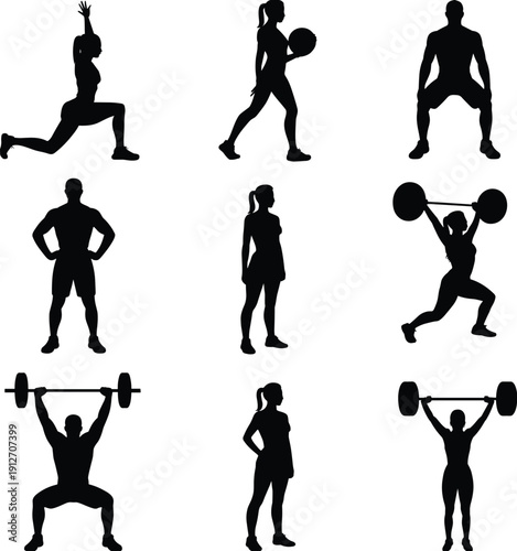 Fitness silhouette workout set, gym exercise poses collection, male and female athlete vector figures, strength training, flat illustration