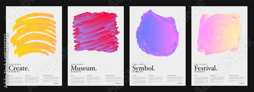 Abstract colorful brush stroke poster vector set with textured paint elements for event promotion, modern branding, and creative design