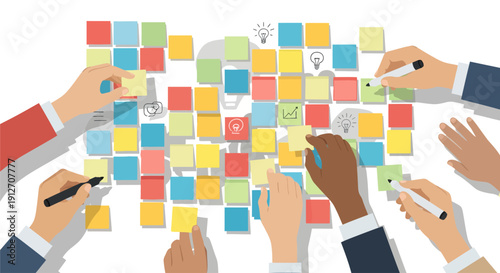 Diverse Creative Team Brainstorming with Colorful Sticky Notes.