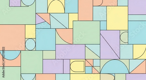 Vibrant geometric shapes in pastel colors create modern abstract composition