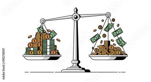 Justice Scales Weighing Stacks of Money and Banknotes