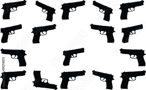 Handgun pistol silhouettes collection, modern firearm side view set, tactical weapon icons, security defense concept, flat vector illustration design