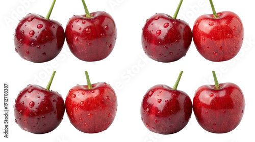 Four shiny red apples arranged in a grid pattern with green stems and a clean white background high-key lighting with cutout object