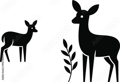 Cute deer and fawn silhouette with plant, simple black wildlife illustration, forest animal vector, elegant nature line art