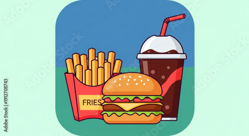 Colorful illustration of fast food combo with burger fries and soda on green background