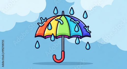 Colorful umbrella with raindrops on a blue cloudy sky background protection and weather concept