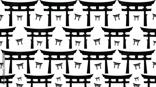 Japanese torii gate silhouettes pattern set, traditional shrine architecture symbols, Asian cultural landmark design, travel background, flat vector illustration