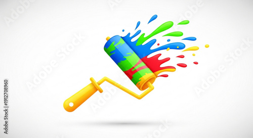 Colorful paint roller with vibrant paint splashes on white background creative art supply